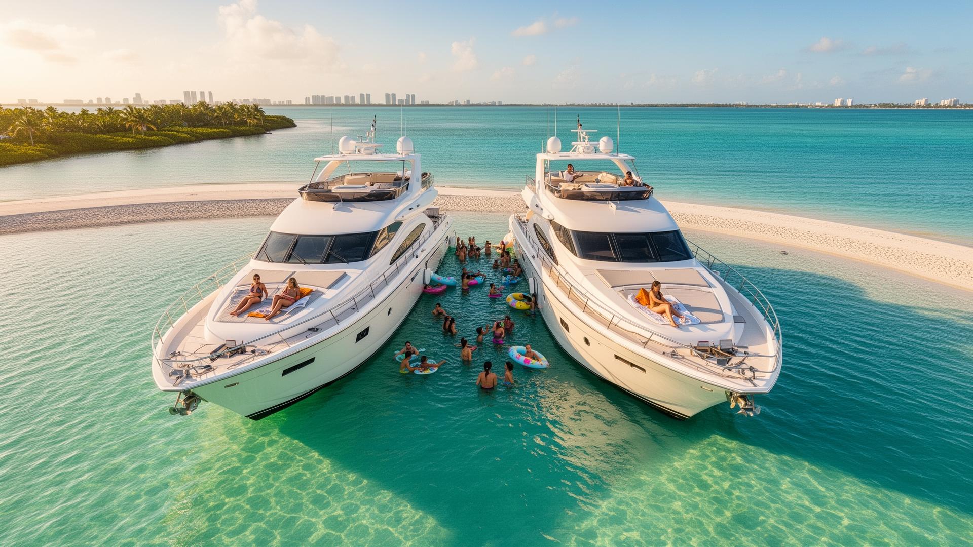 Two Miami yachts rafted up at the sandbar — multi-yacht charter for groups over 13 guests